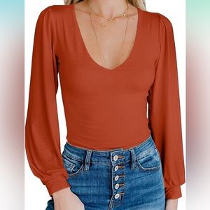 Burnt orange scoop neck long sleeve bodysuit